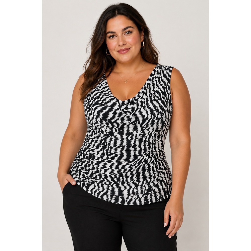Lillian Nicole Petite Large Black White Abstract Cowl Neck Ruched Sleeveless Top